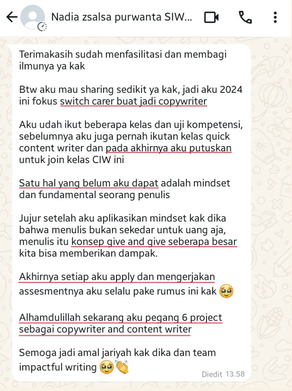 Testimoni Nadia Certified Impactful Writer 28