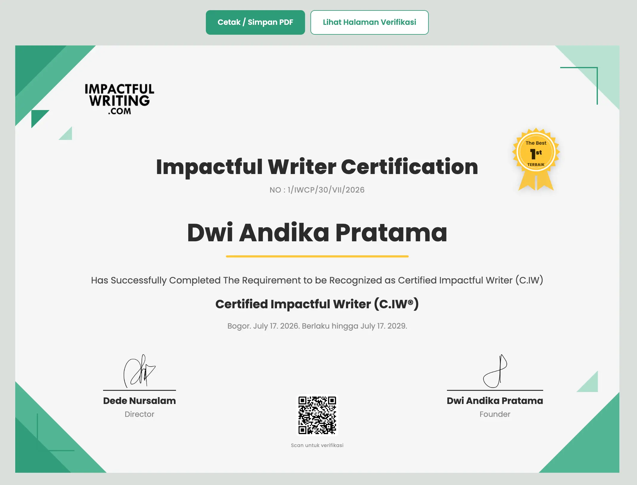 Validasi e-certificate C.IW ber-QR Code